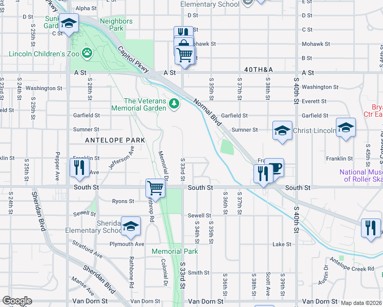 map of restaurants, bars, coffee shops, grocery stores, and more near 3400 Kajan Drive in Lincoln