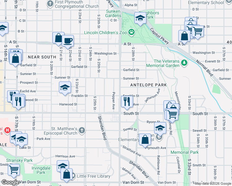 map of restaurants, bars, coffee shops, grocery stores, and more near 1835 South 27th Street in Lincoln