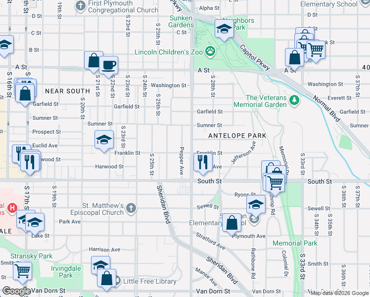 map of restaurants, bars, coffee shops, grocery stores, and more near 1835 South 27th Street in Lincoln