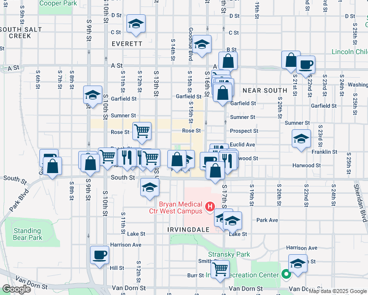 map of restaurants, bars, coffee shops, grocery stores, and more near 1430 Peach Street in Lincoln