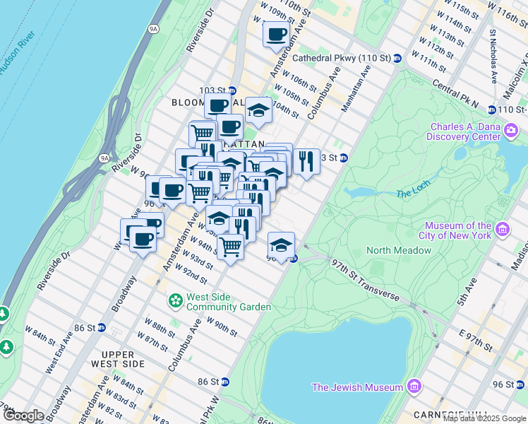 map of restaurants, bars, coffee shops, grocery stores, and more near 775 Columbus Avenue in New York