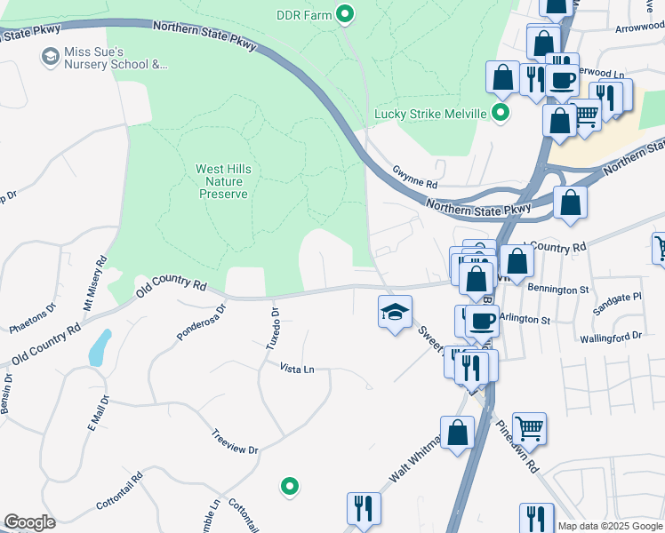 map of restaurants, bars, coffee shops, grocery stores, and more near 4 Country Meadow Court in Melville