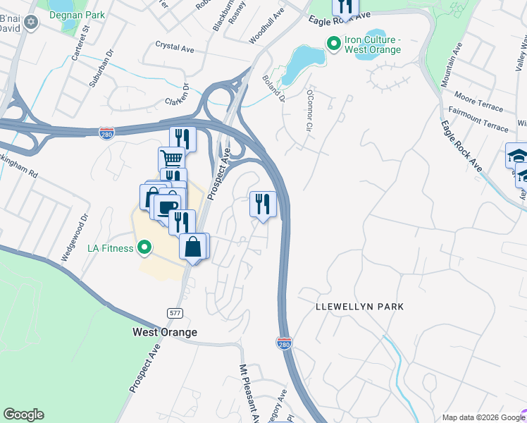 map of restaurants, bars, coffee shops, grocery stores, and more near 281 De Rose Court in West Orange