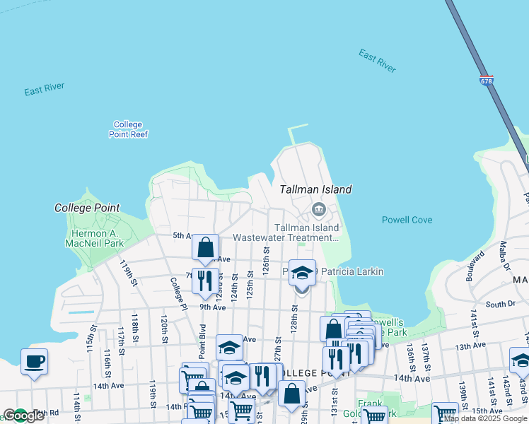 map of restaurants, bars, coffee shops, grocery stores, and more near 12509 Powell's Cove Boulevard in Queens
