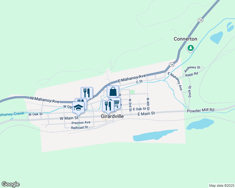 map of restaurants, bars, coffee shops, grocery stores, and more near 128 B Street in Girardville