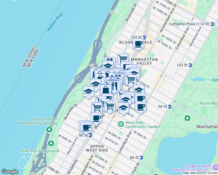 map of restaurants, bars, coffee shops, grocery stores, and more near 267 West 94th Street in New York