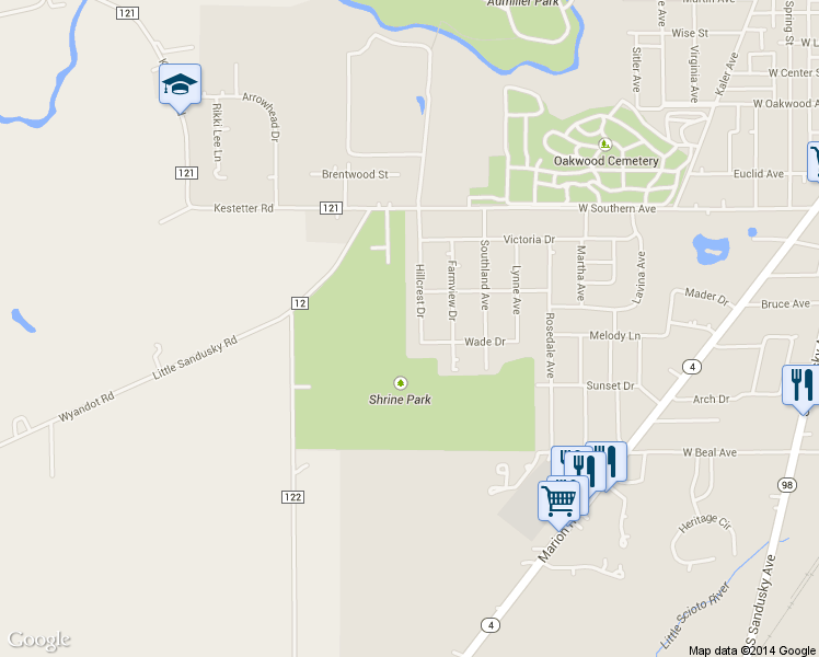map of restaurants, bars, coffee shops, grocery stores, and more near 1127 Hillcrest Drive in Bucyrus