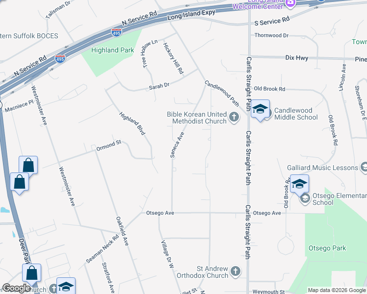 map of restaurants, bars, coffee shops, grocery stores, and more near 226 Seneca Avenue in Dix Hills