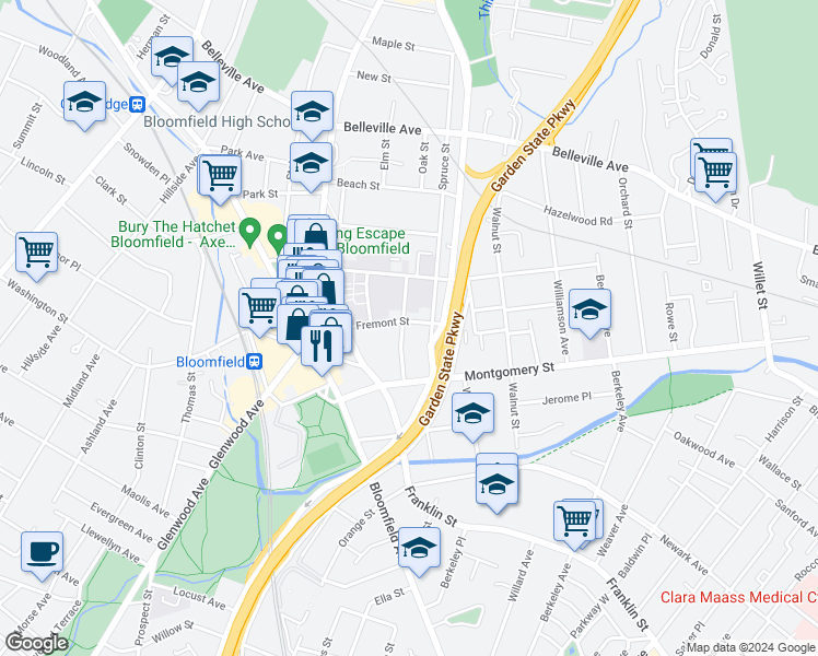 map of restaurants, bars, coffee shops, grocery stores, and more near 47 Oakland Avenue in Bloomfield