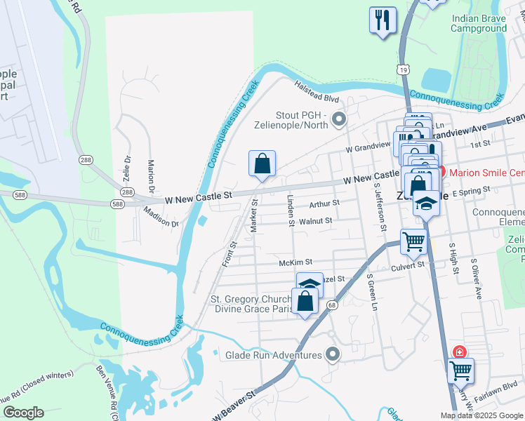 map of restaurants, bars, coffee shops, grocery stores, and more near 136 Chestnut Street in Zelienople