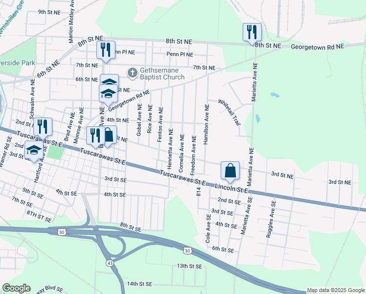 map of restaurants, bars, coffee shops, grocery stores, and more near 322 Cornelia Avenue Northeast in Canton