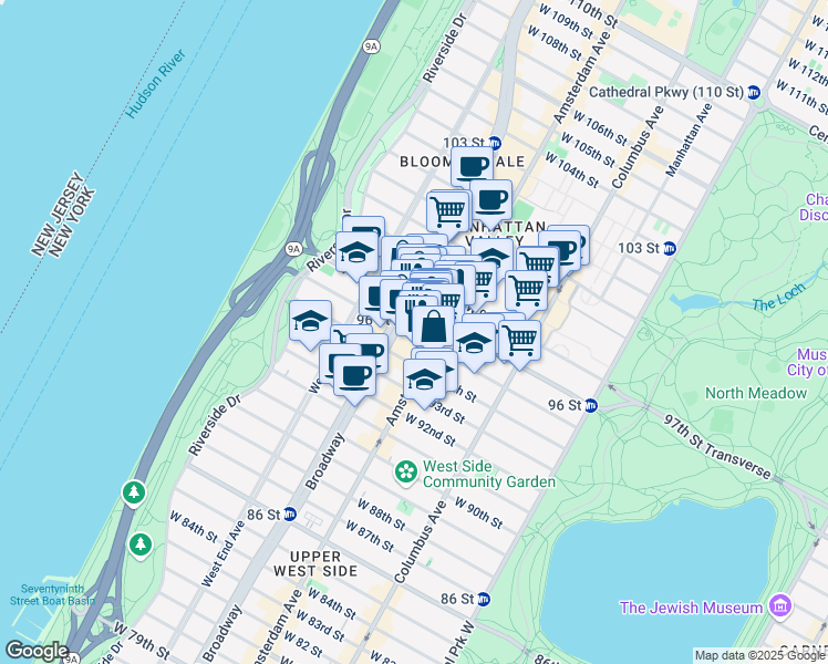 map of restaurants, bars, coffee shops, grocery stores, and more near 202 West 96th Street in New York