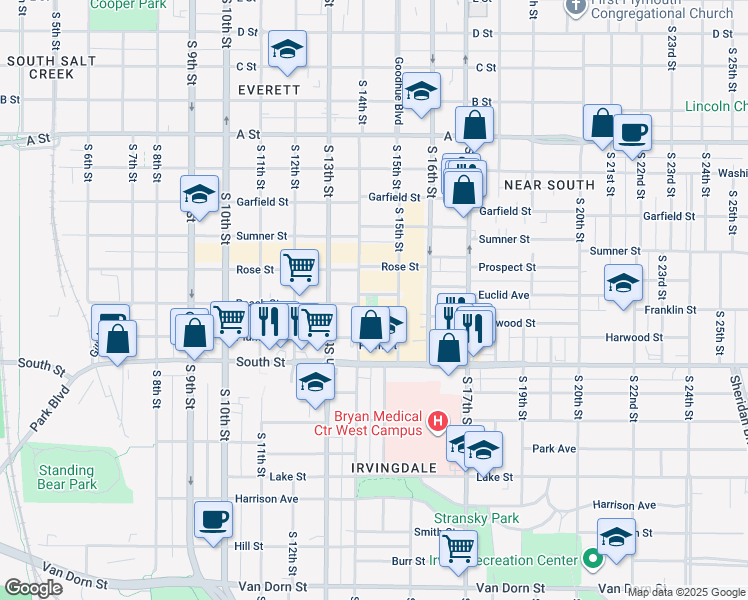 map of restaurants, bars, coffee shops, grocery stores, and more near 1425 Peach Street in Lincoln