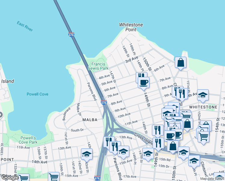 map of restaurants, bars, coffee shops, grocery stores, and more near 145-68 6th Avenue in Queens