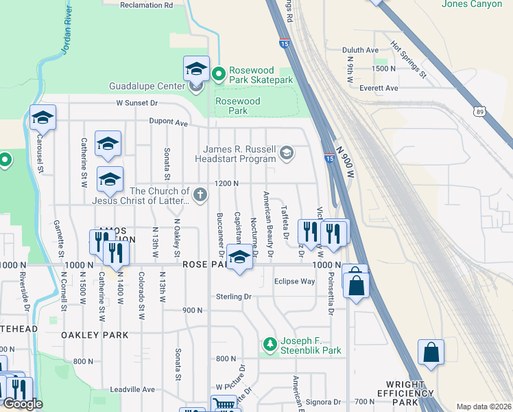 map of restaurants, bars, coffee shops, grocery stores, and more near 1150 Nocturne Drive in Salt Lake City