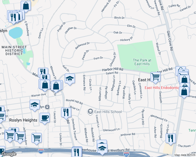 map of restaurants, bars, coffee shops, grocery stores, and more near 10 Primrose Lane in Roslyn Heights