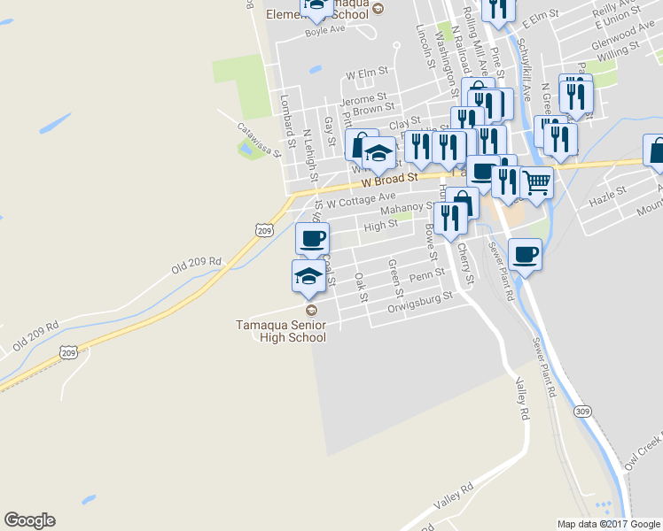 map of restaurants, bars, coffee shops, grocery stores, and more near 333 West Spruce Street in Tamaqua