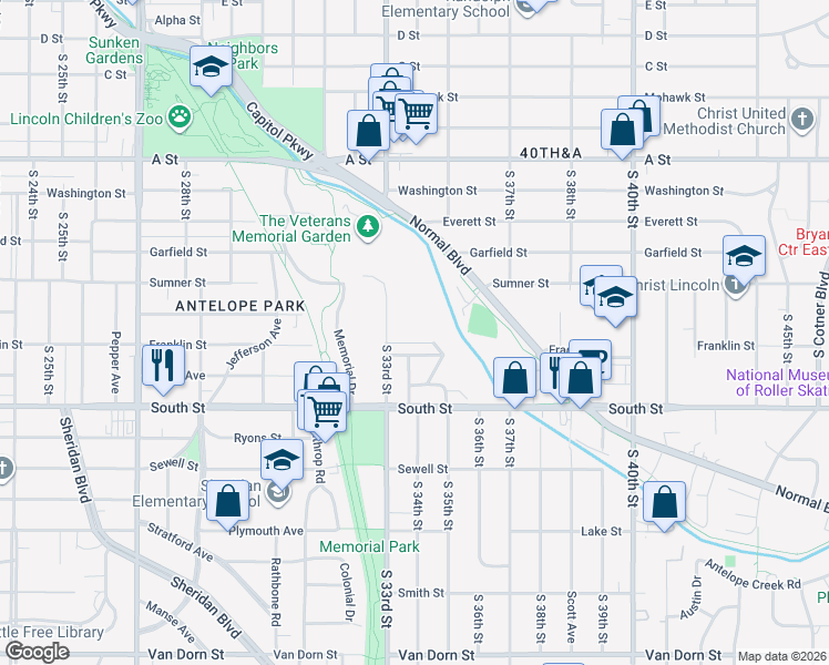 map of restaurants, bars, coffee shops, grocery stores, and more near 3400 Kajan Drive in Lincoln
