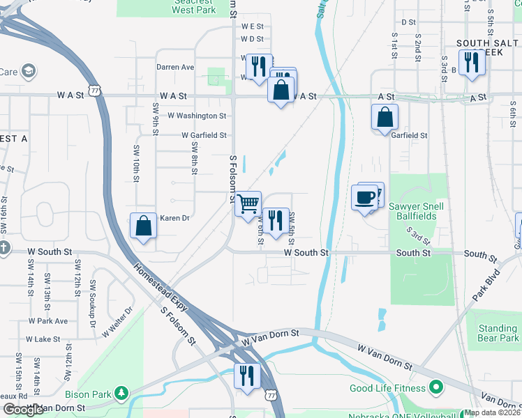map of restaurants, bars, coffee shops, grocery stores, and more near Southwest 6th Street in Lincoln