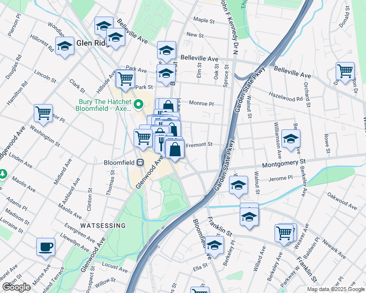 map of restaurants, bars, coffee shops, grocery stores, and more near 75 Fremont Street in Bloomfield