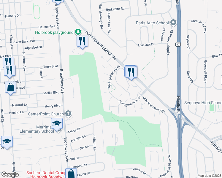 map of restaurants, bars, coffee shops, grocery stores, and more near 224K Springmeadow Drive in Holbrook