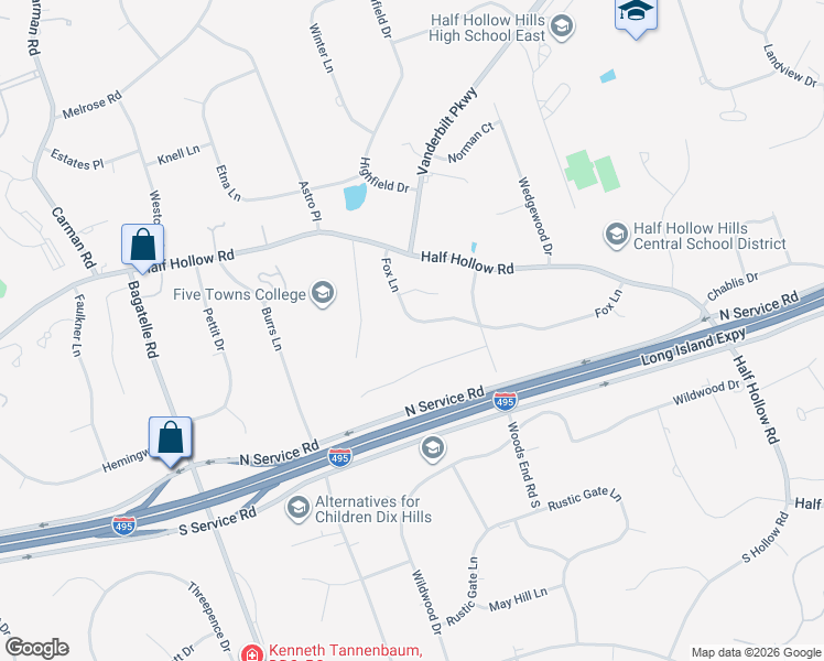 map of restaurants, bars, coffee shops, grocery stores, and more near 20 Fox Lane in Dix Hills