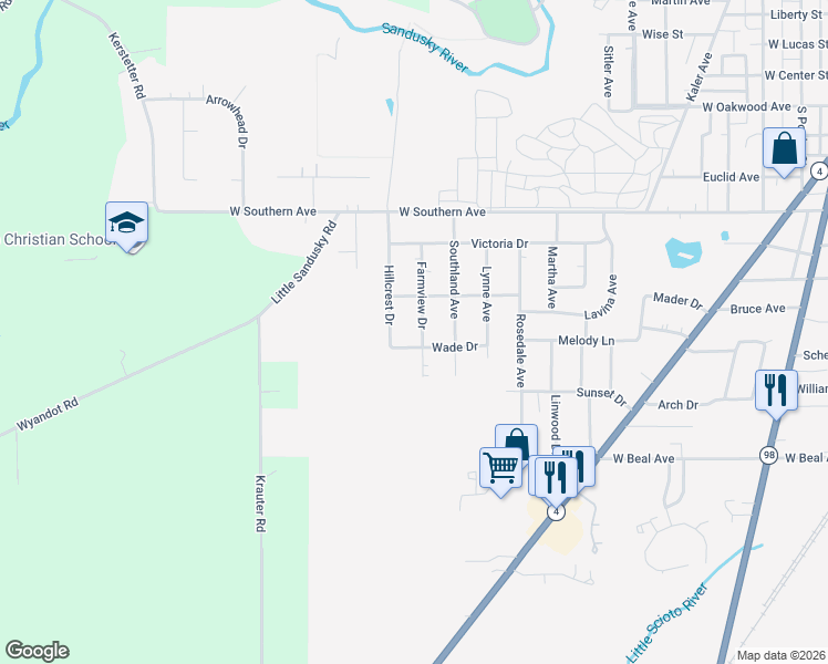 map of restaurants, bars, coffee shops, grocery stores, and more near 1279 Farmview Drive in Bucyrus