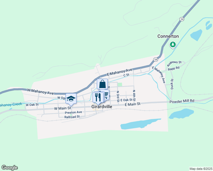 map of restaurants, bars, coffee shops, grocery stores, and more near 128 B Street in Girardville