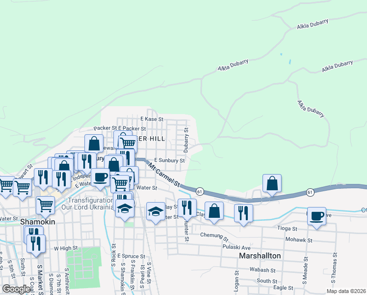 map of restaurants, bars, coffee shops, grocery stores, and more near 901-953 North Lombard Street in Shamokin