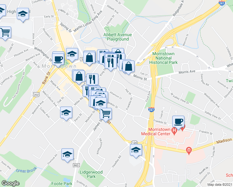 map of restaurants, bars, coffee shops, grocery stores, and more near 16 Altamont Court in Morristown