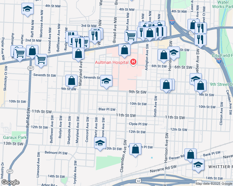 map of restaurants, bars, coffee shops, grocery stores, and more near 2700 9th Street Southwest in Canton