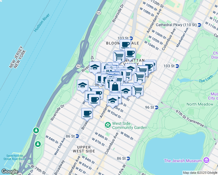 map of restaurants, bars, coffee shops, grocery stores, and more near 225 West 95th Street in New York