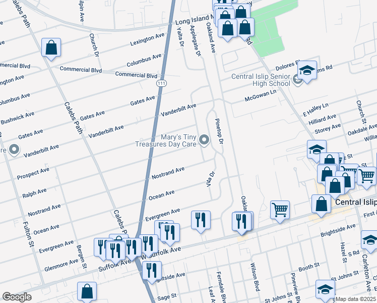 map of restaurants, bars, coffee shops, grocery stores, and more near 508 Ralph Avenue in Central Islip