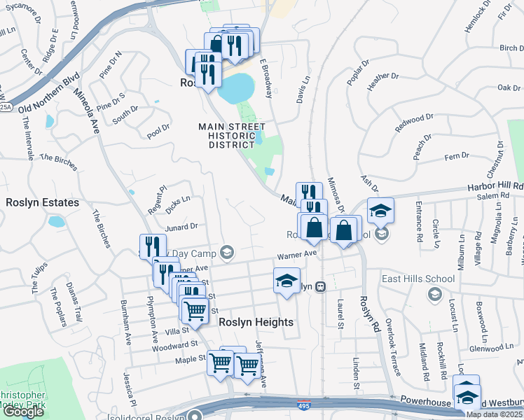 map of restaurants, bars, coffee shops, grocery stores, and more near 300 Edwards Street in Roslyn Heights