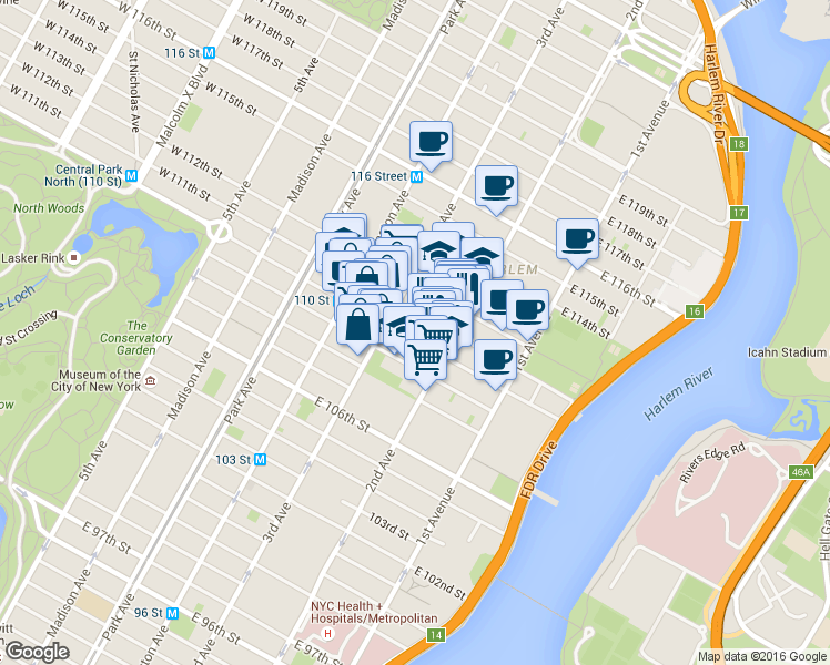 map of restaurants, bars, coffee shops, grocery stores, and more near 236 East 111th Street in New York