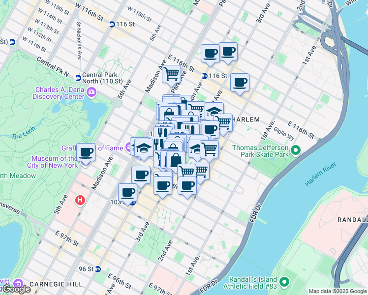 map of restaurants, bars, coffee shops, grocery stores, and more near 169 East 109th Street in New York