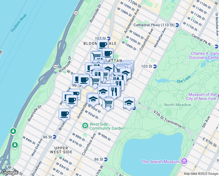 map of restaurants, bars, coffee shops, grocery stores, and more near 784 Columbus Avenue in New York