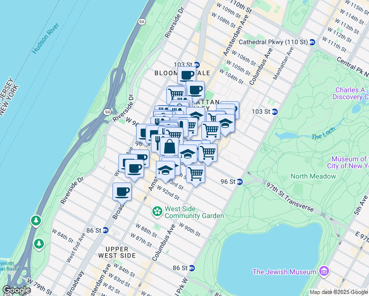 map of restaurants, bars, coffee shops, grocery stores, and more near 743 Amsterdam Avenue in New York