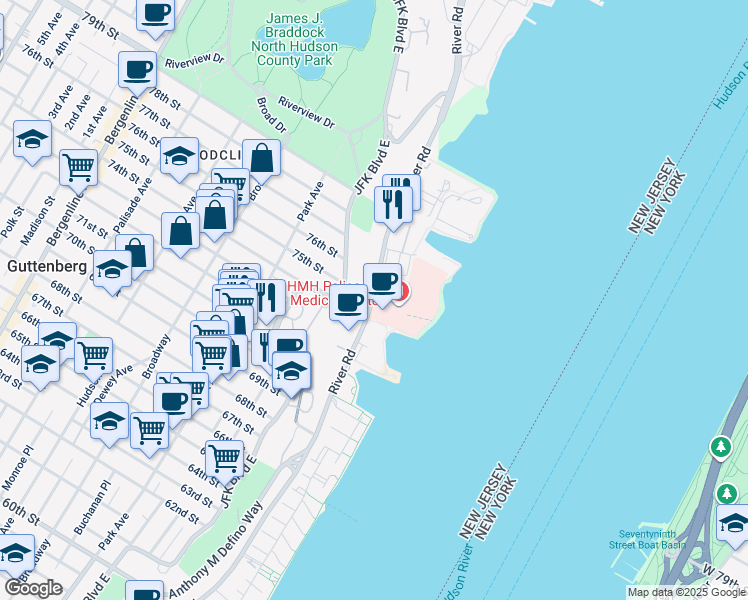 map of restaurants, bars, coffee shops, grocery stores, and more near 7440 Boulevard East in North Bergen