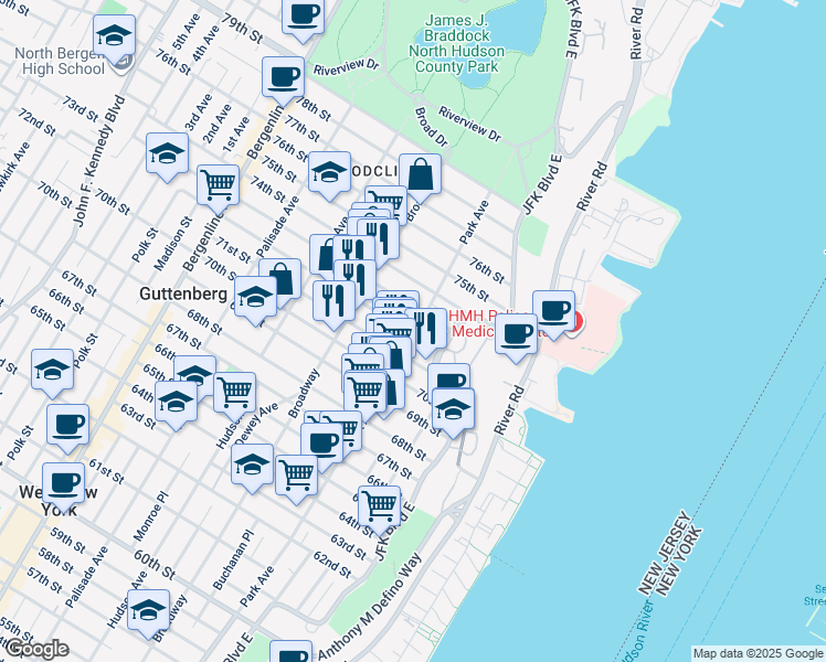 map of restaurants, bars, coffee shops, grocery stores, and more near 7203 Park Avenue in North Bergen