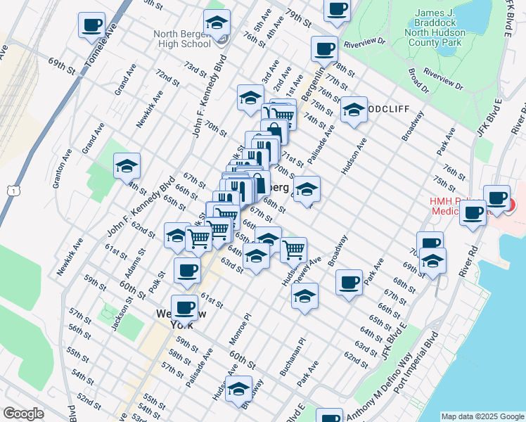 map of restaurants, bars, coffee shops, grocery stores, and more near 439 67th Street in West New York