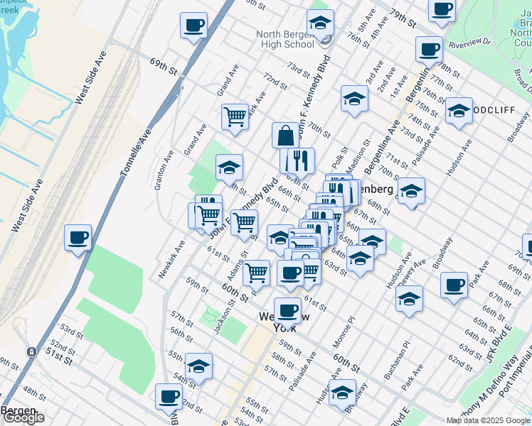 map of restaurants, bars, coffee shops, grocery stores, and more near 6312 Jefferson Street in West New York