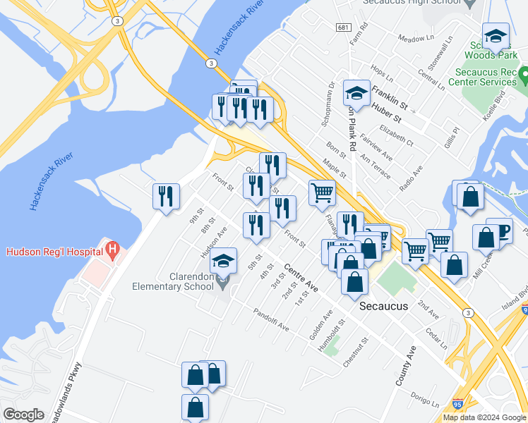 map of restaurants, bars, coffee shops, grocery stores, and more near 298 Front Street in Secaucus