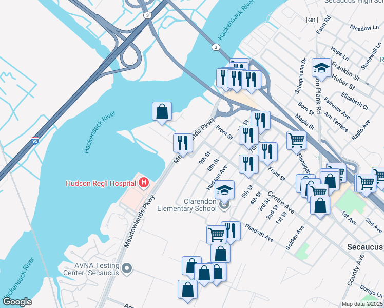map of restaurants, bars, coffee shops, grocery stores, and more near 724 10th Street in Secaucus