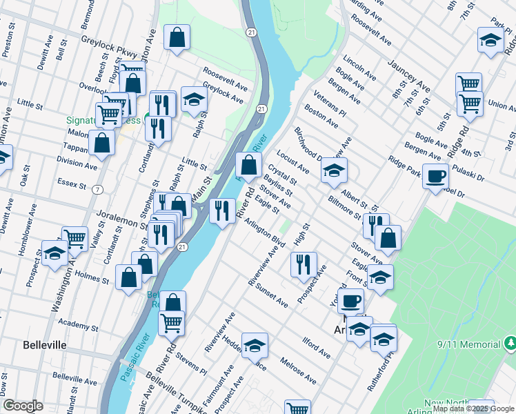map of restaurants, bars, coffee shops, grocery stores, and more near 4 West Street in North Arlington