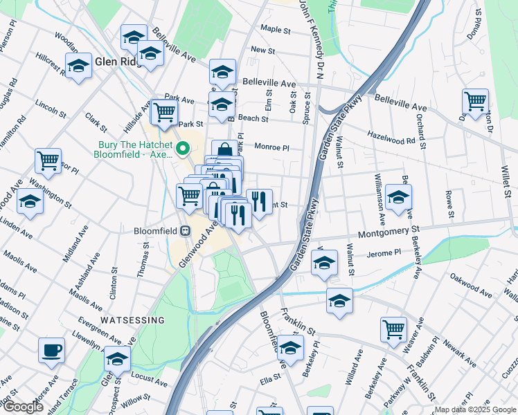 map of restaurants, bars, coffee shops, grocery stores, and more near 75 Fremont Street in Bloomfield