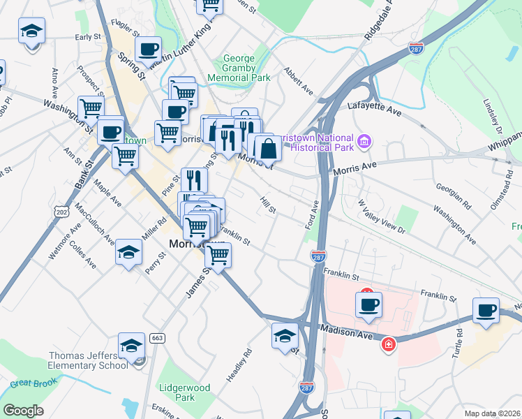 map of restaurants, bars, coffee shops, grocery stores, and more near 45 Hill Street in Morristown