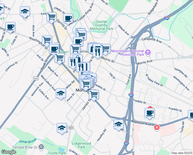 map of restaurants, bars, coffee shops, grocery stores, and more near 20 Elm Street in Morristown