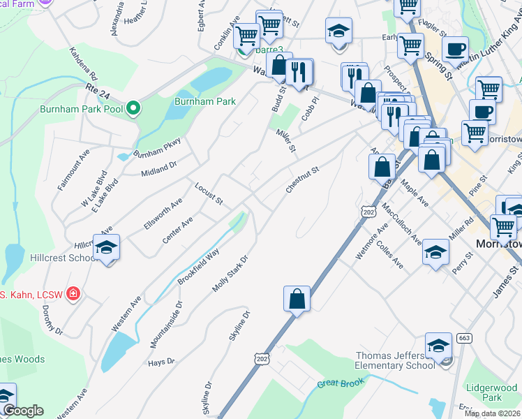 map of restaurants, bars, coffee shops, grocery stores, and more near 55 Molly Stark Drive in Morristown