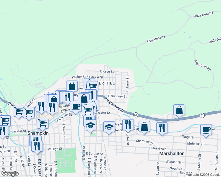 map of restaurants, bars, coffee shops, grocery stores, and more near 813 East Dewart Street in Shamokin
